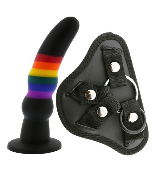 Czarny strap-on z tęczowymi paskami i regulowaną uprzężą