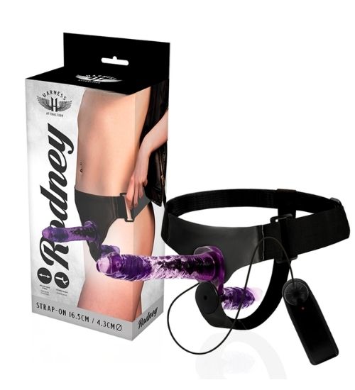 Podwójny fioletowy strap-on z regulacją wibracji