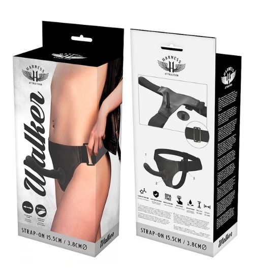 Uprząż z 15,5 centymetrowym czarnym dildo i opaską na oczy