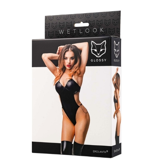 Czarne wiązane body wetlook z ozdobnymi łańcuszkami