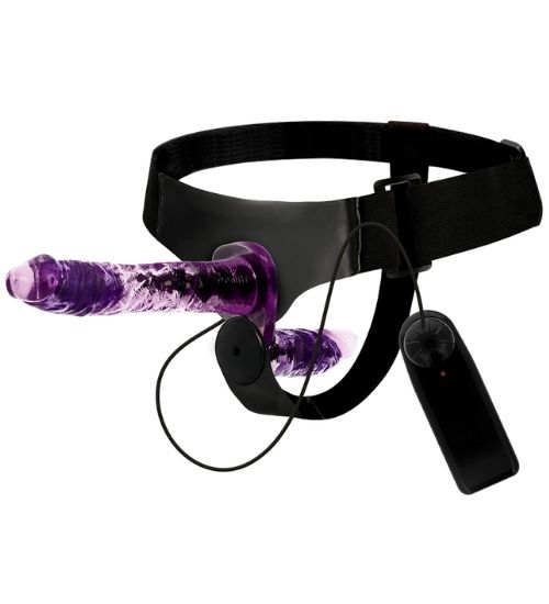 Podwójny fioletowy strap-on z regulacją wibracji