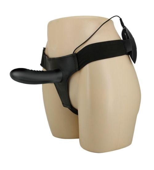Czarny silikonowy strap-on wibrujący z przewodowym pilotem
