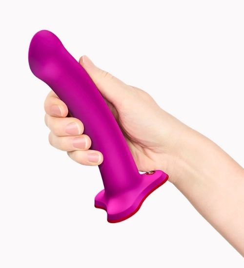 Gładkie różowe dildo z czerwoną przyssawką