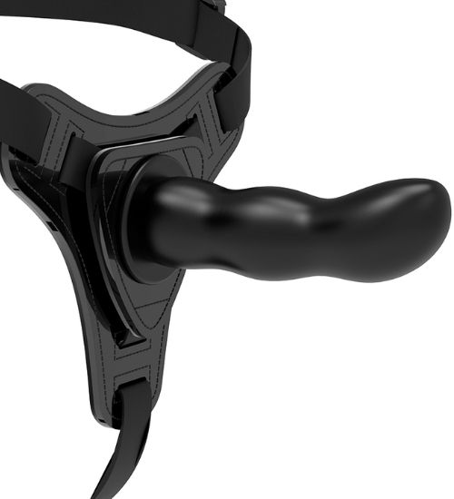Czarne wkręcane dildo z regulowaną uprzężą