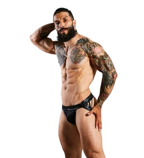 Czarne męskie slipy jockstrap z ozdobnymi paskami