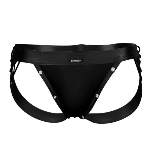 Czarne męskie slipy jockstrap z ozdobnymi paskami
