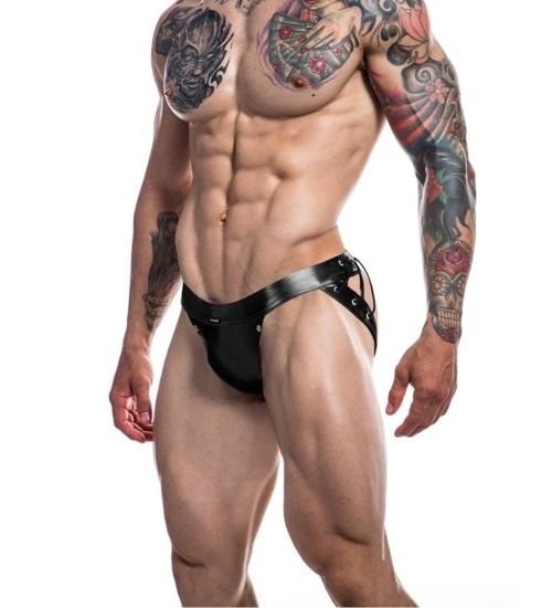 Czarne męskie slipy jockstrap z ozdobnymi paskami
