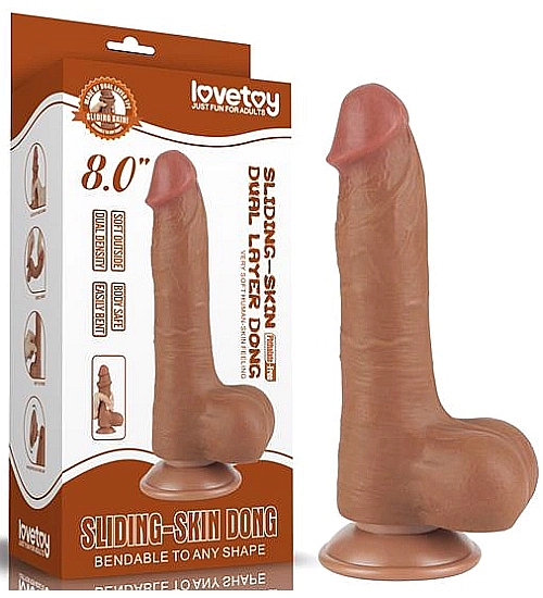 Brązowy sztuczny penis z przyssawka i ruchomą skórą