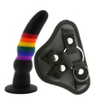 Czarny strap-on z tęczowymi paskami i regulowaną uprzężą