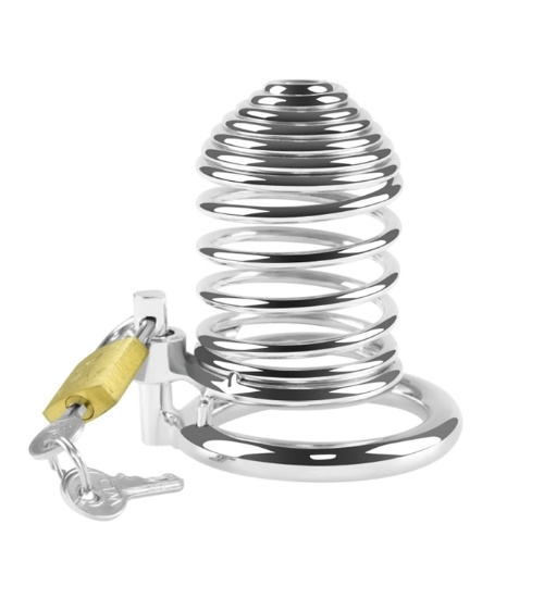 Spiralna metalowa klatka na penisa zamykana na kłódkę