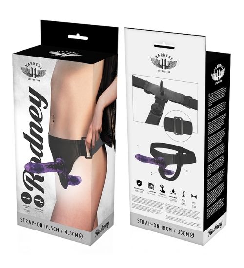 Podwójny fioletowy strap-on z regulacją wibracji