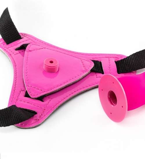 Silikonowy różowy strap-on z odczepianym falistym dildo