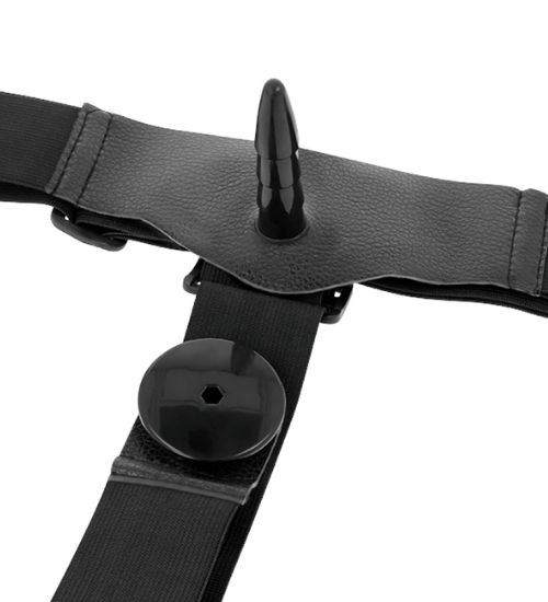 Podwójny fioletowy strap-on z regulacją wibracji
