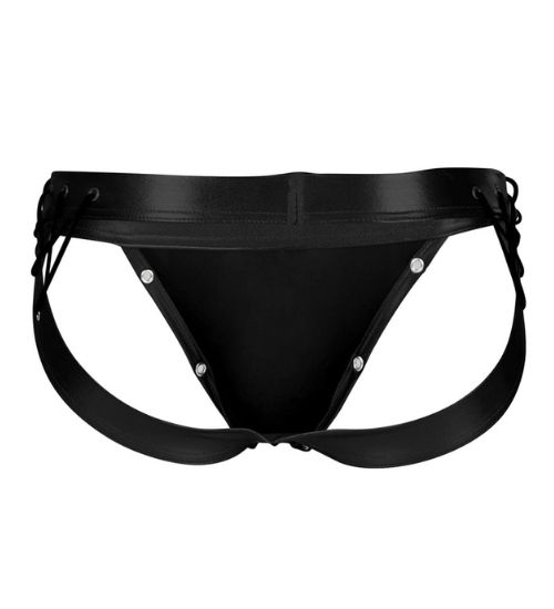 Czarne męskie slipy jockstrap z ozdobnymi paskami