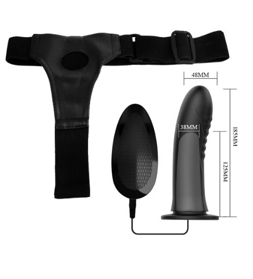 Czarny silikonowy strap-on wibrujący z przewodowym pilotem