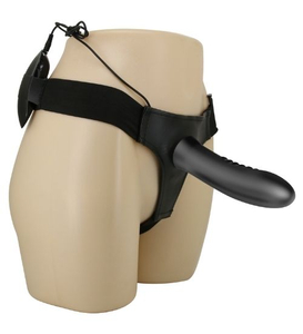 Czarny silikonowy strap-on wibrujący z przewodowym pilotem