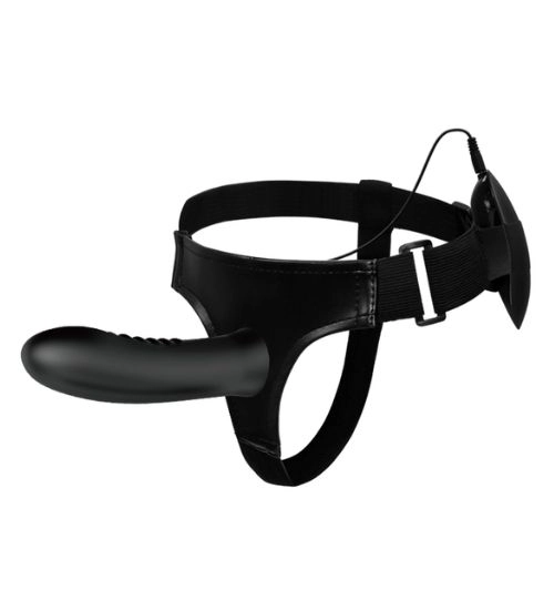 Czarny silikonowy strap-on wibrujący z przewodowym pilotem