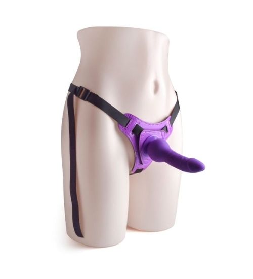 Fioletowy 14-centymetrowy strap-on z uprzężą